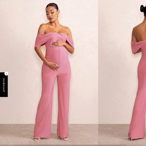 Club L Renata Blush Pink Draped Sleeve Bardot Maternity Jumpsuit